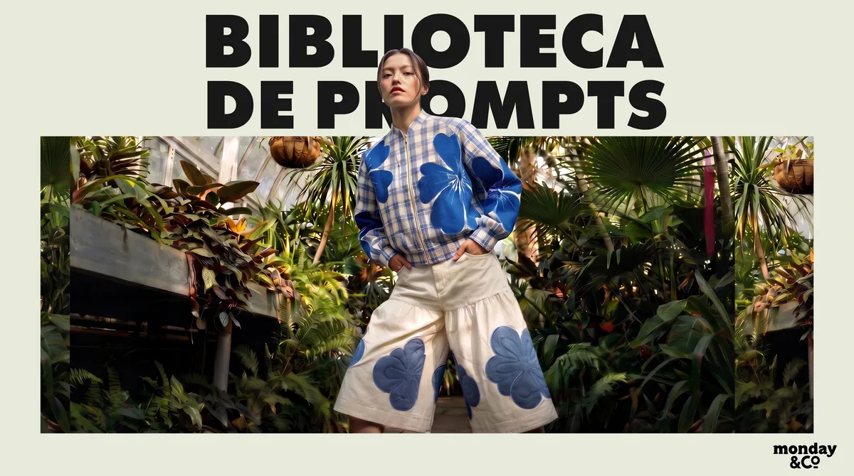 Biblioteca de Prompts: una modelo con chaqueta de cuadros y bermudas con apliques de flores azules, en un invernadero.