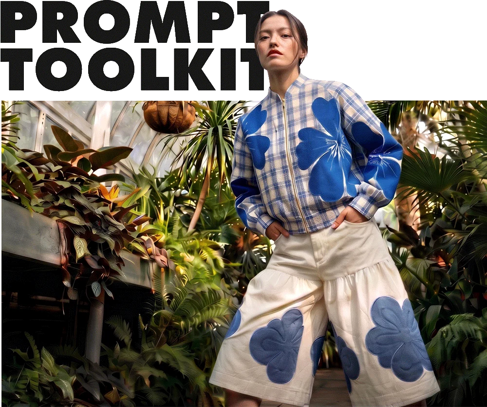 Prompt Toolkit: a model in a checked jacket and shorts with blue flower appliqués, in a greenhouse.